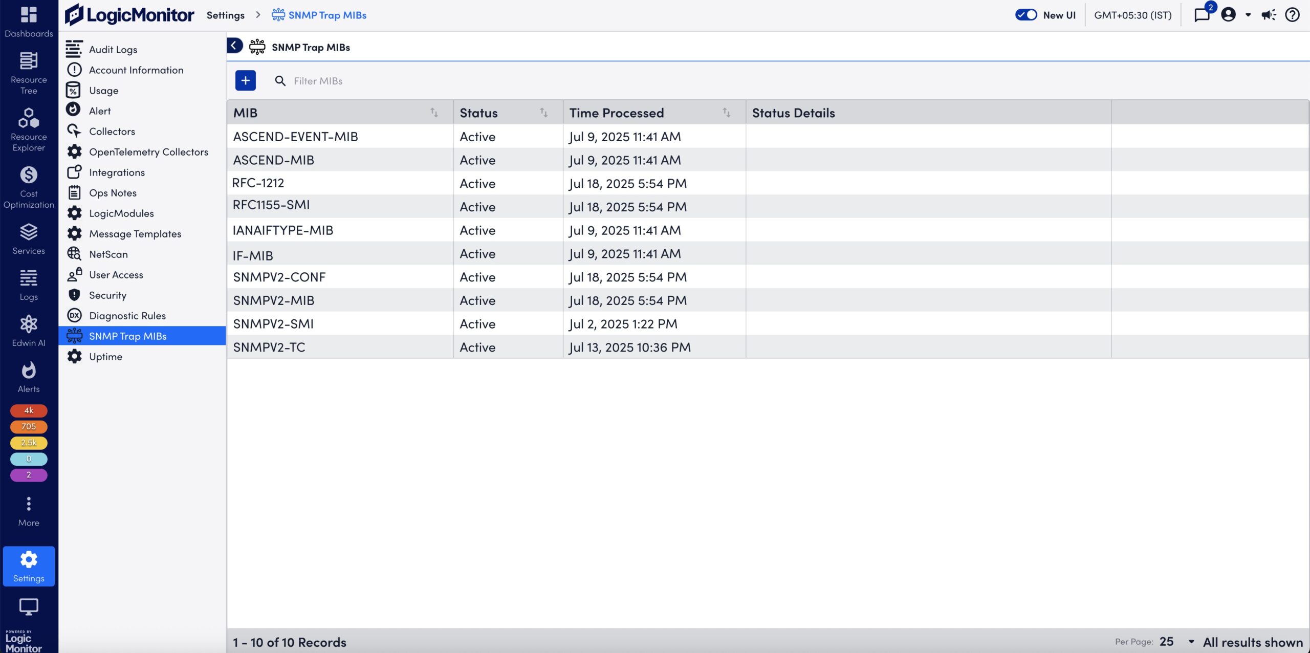 SNMP Trap MIBs page with active MIBs