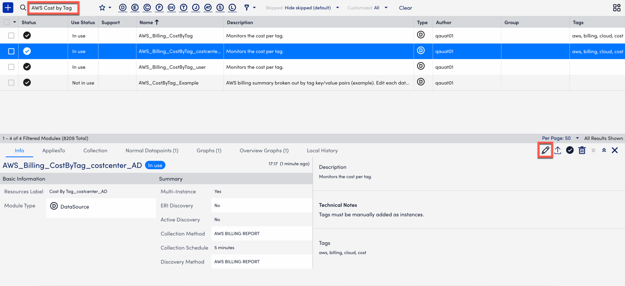 Active Discovery for the Cost by Tag DataSource