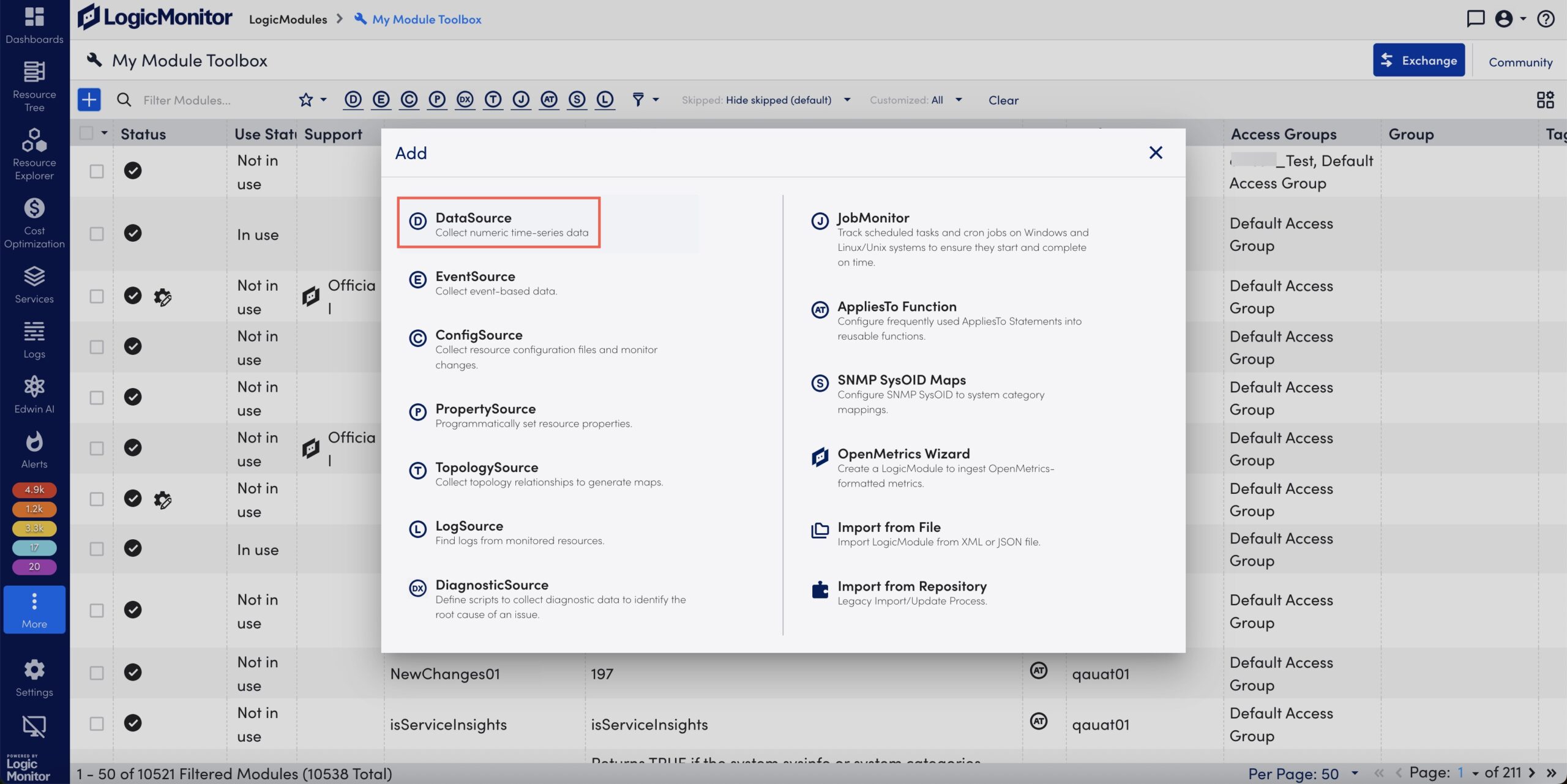 DataSource option in Add modal