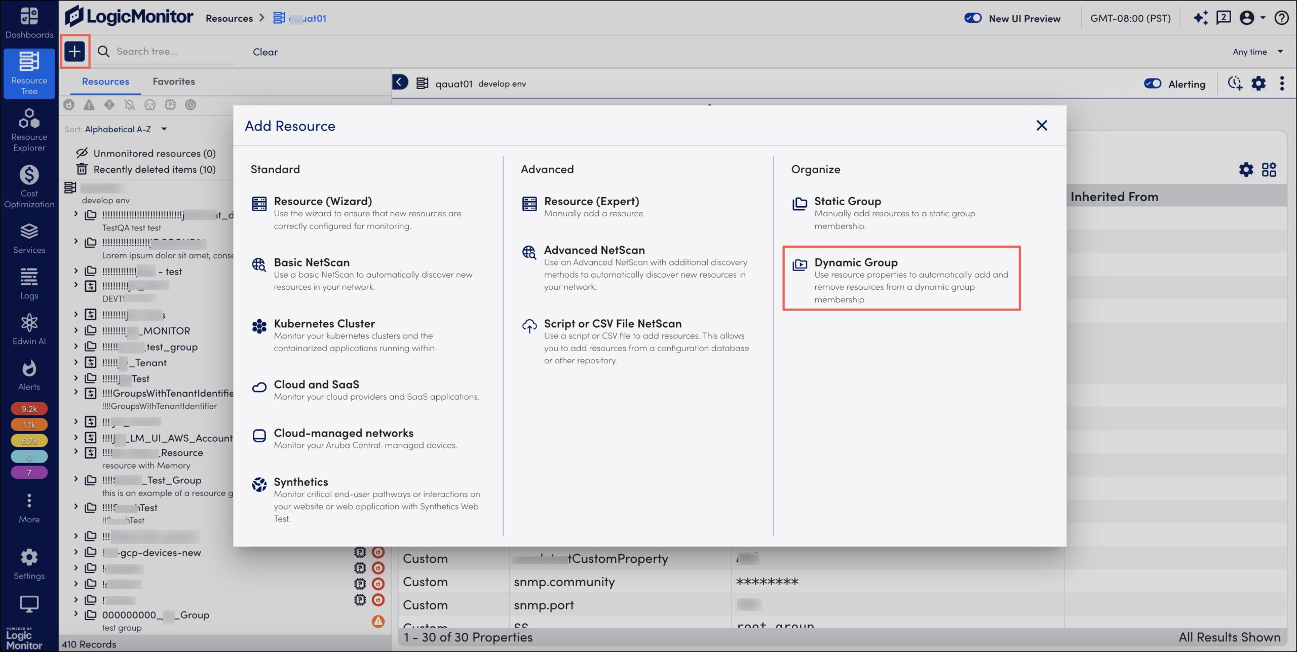 Dynamic Group selection on Add Resources window 