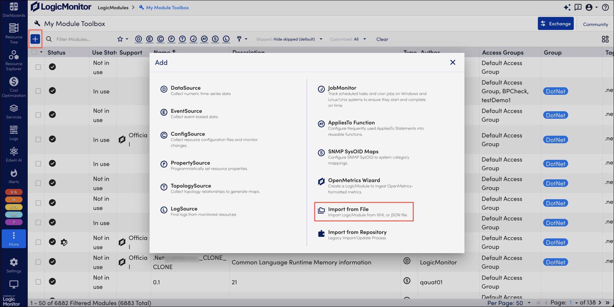 Import from file selection on Add window 