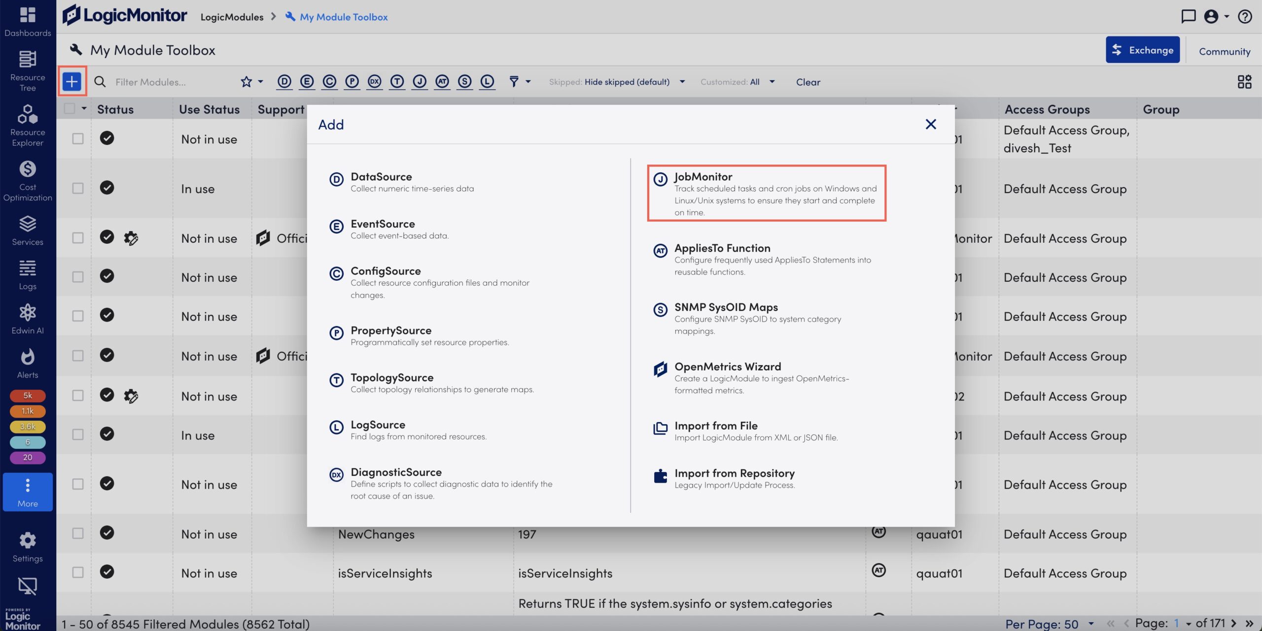 JobMonitor option in Add modal