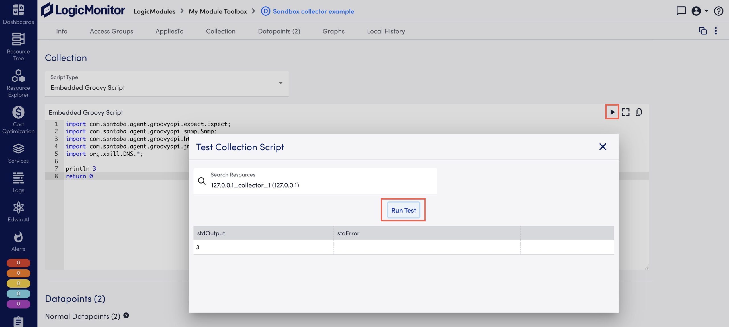 Test Collection Script dialog box