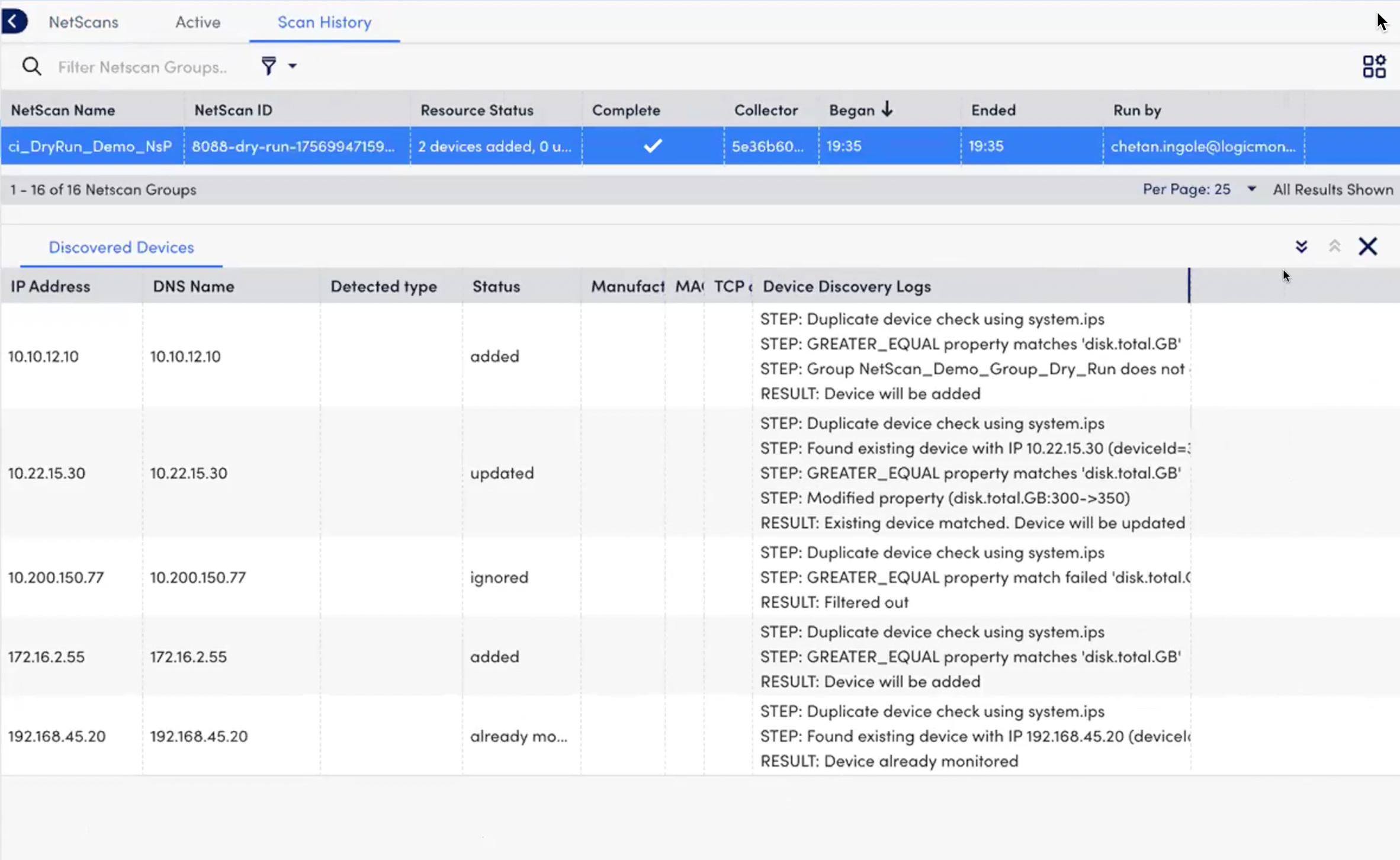 Device Discovery Logs tab