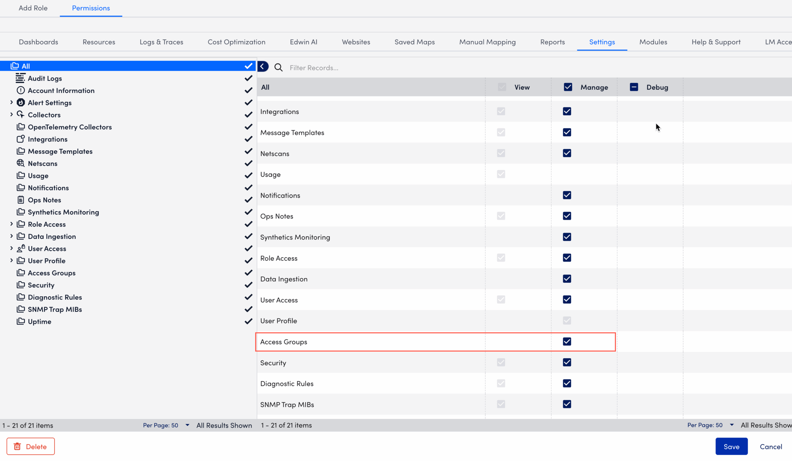 Access Group permission on role page