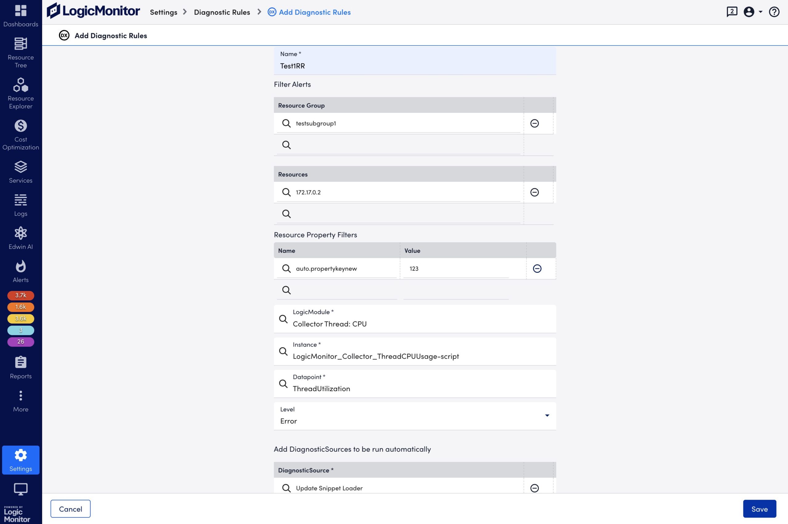 Add Diagnostic Rules page