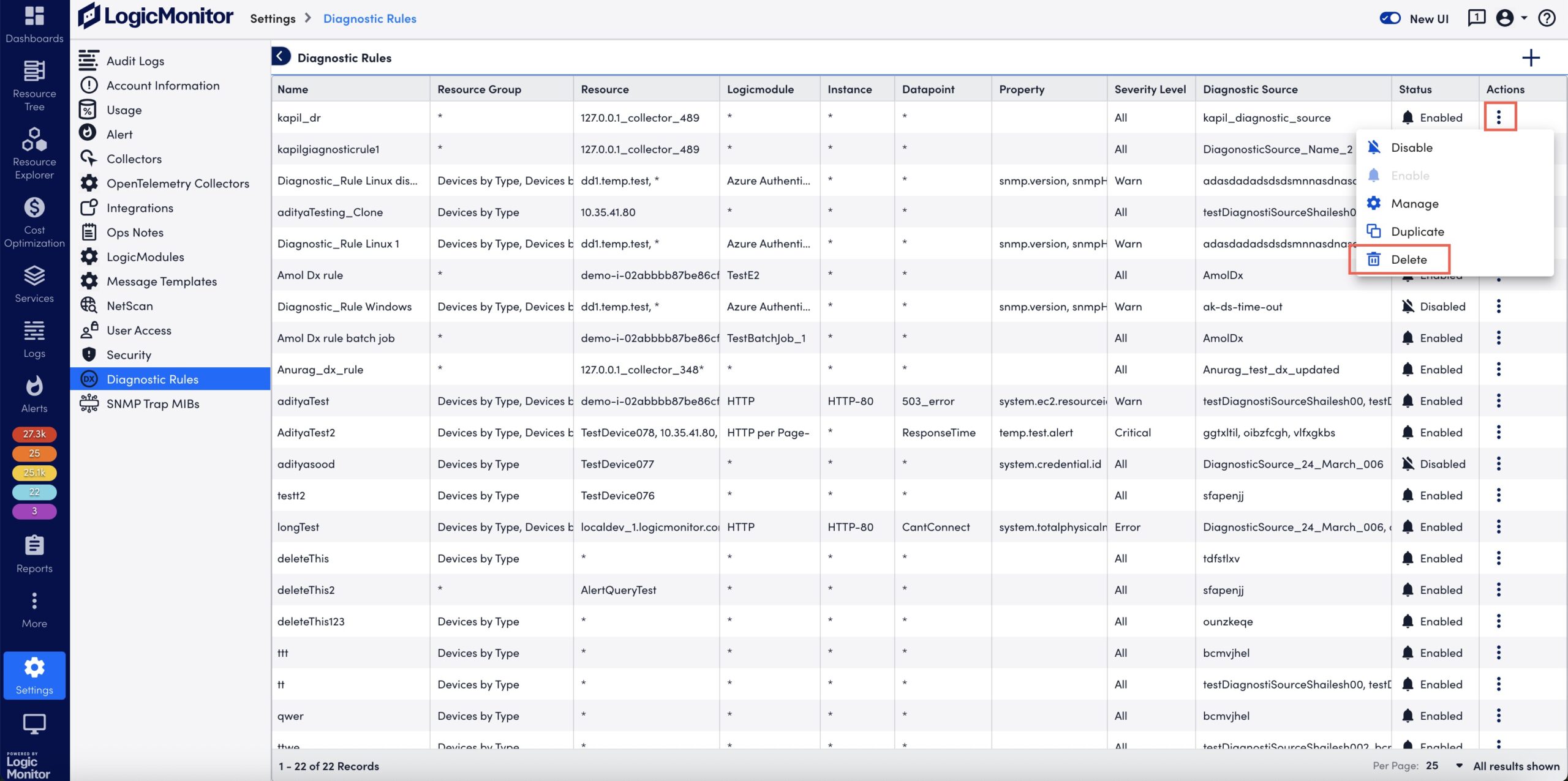 Diagnostic Rules page with Delete option