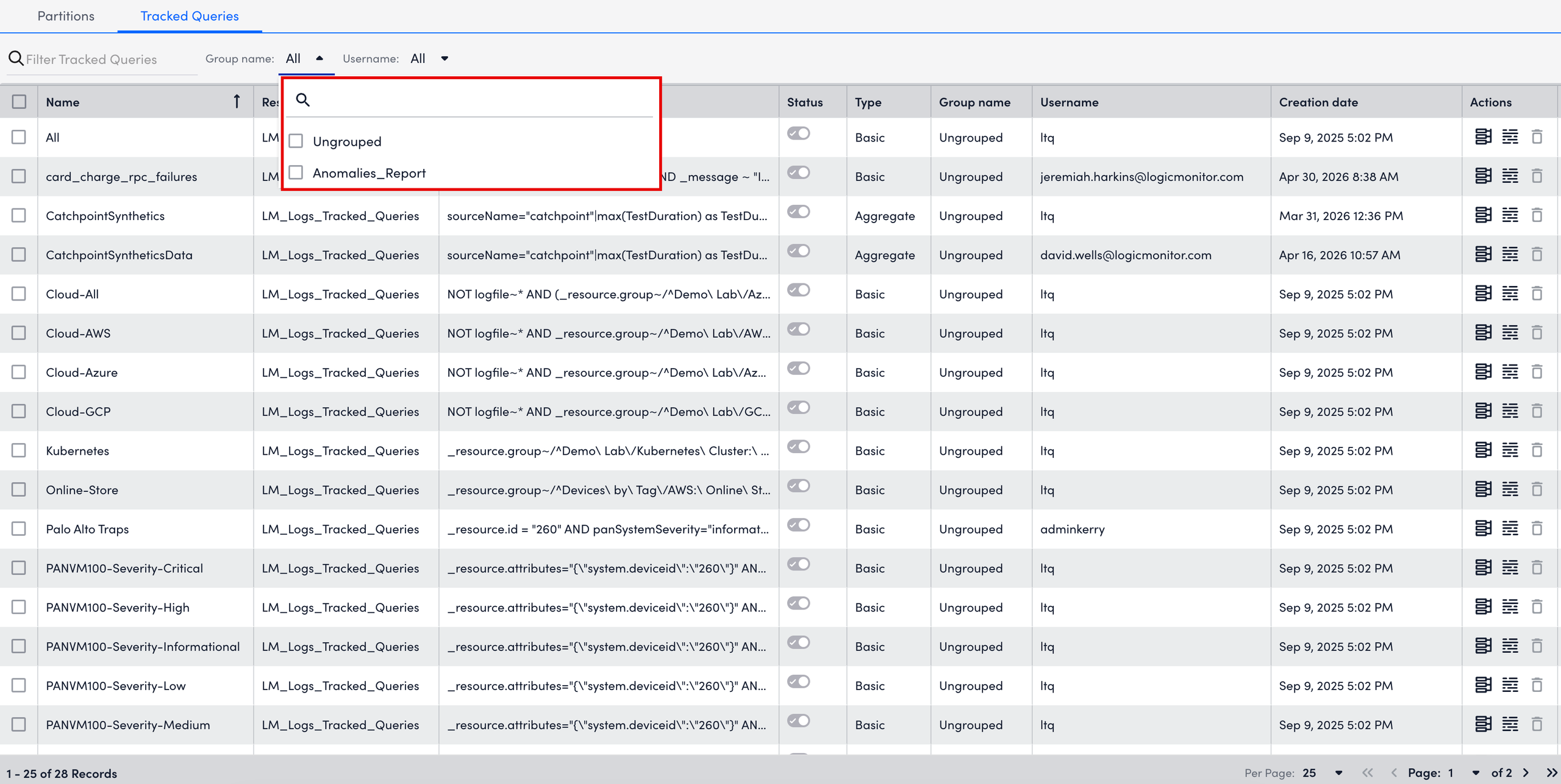 Filtering Tracked Queries using Group name