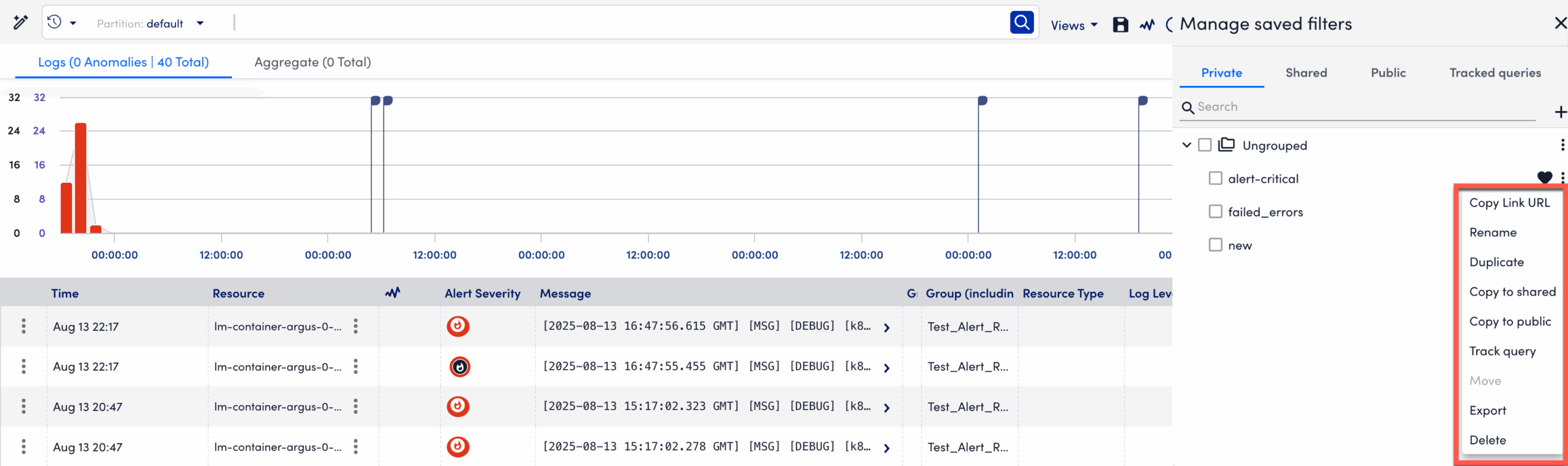 Manage options for saved filters