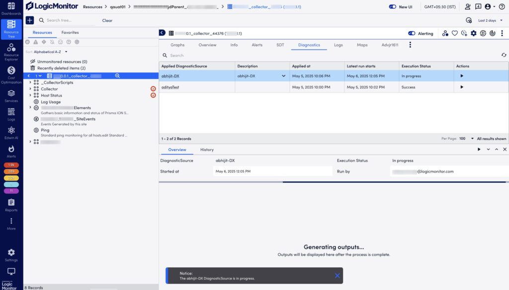 DiagnosticSource tab on Resources page