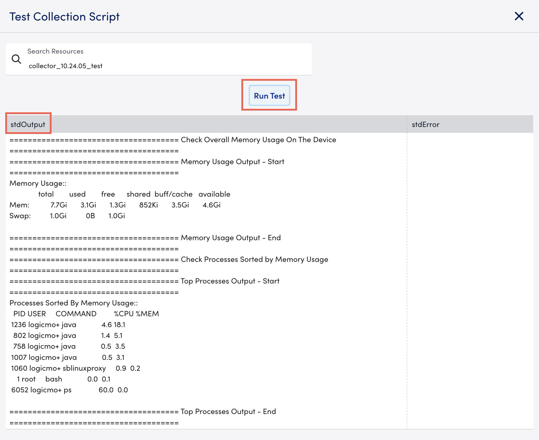 Test Collection Script window