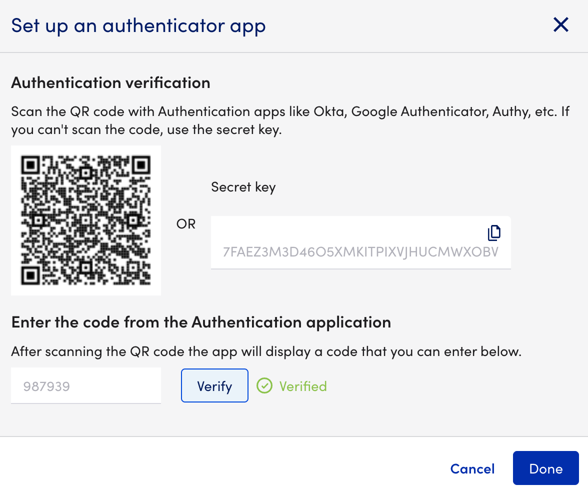 Setup auth app modal