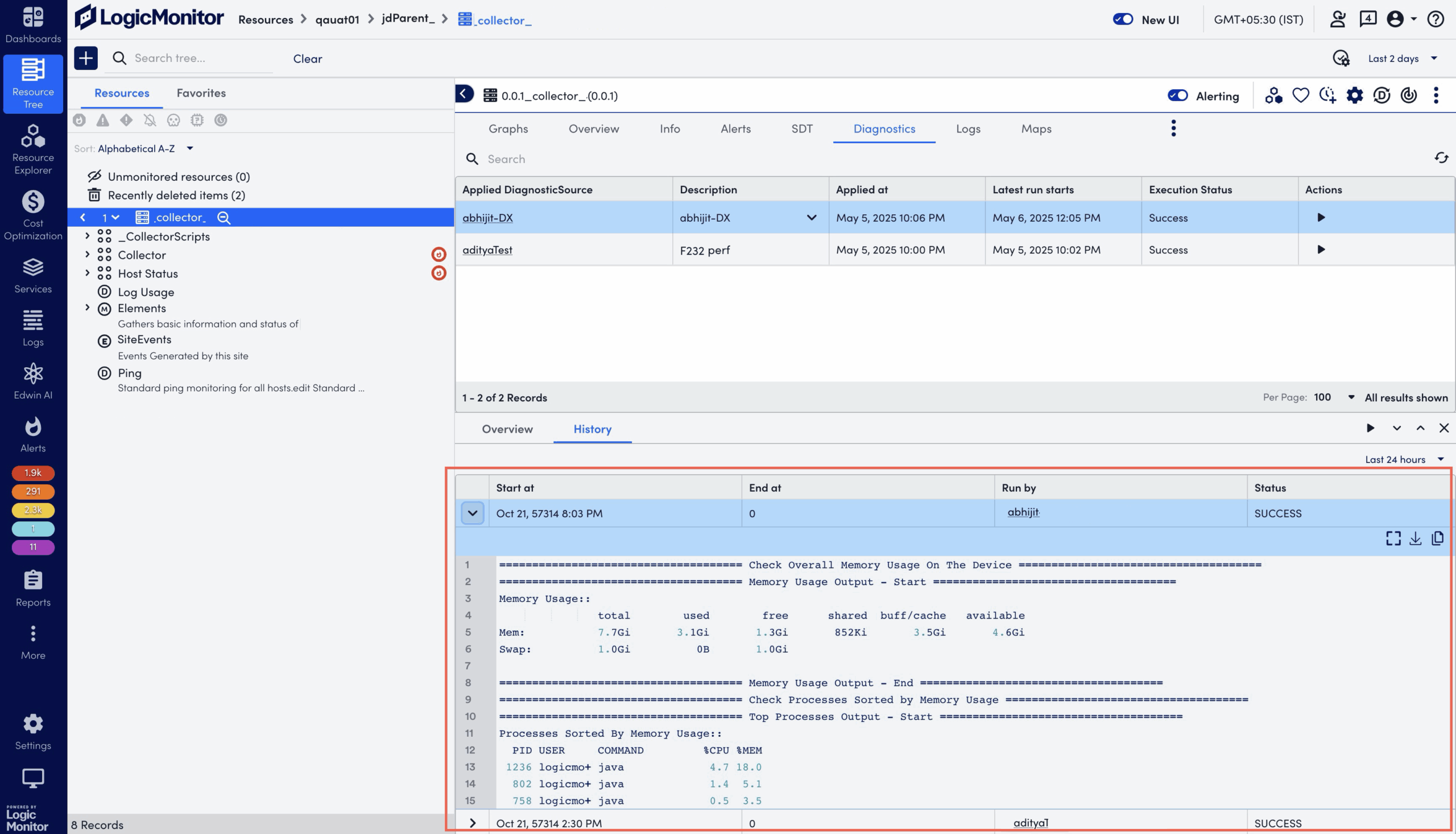 DiagnosticSource Execution Details in History tab