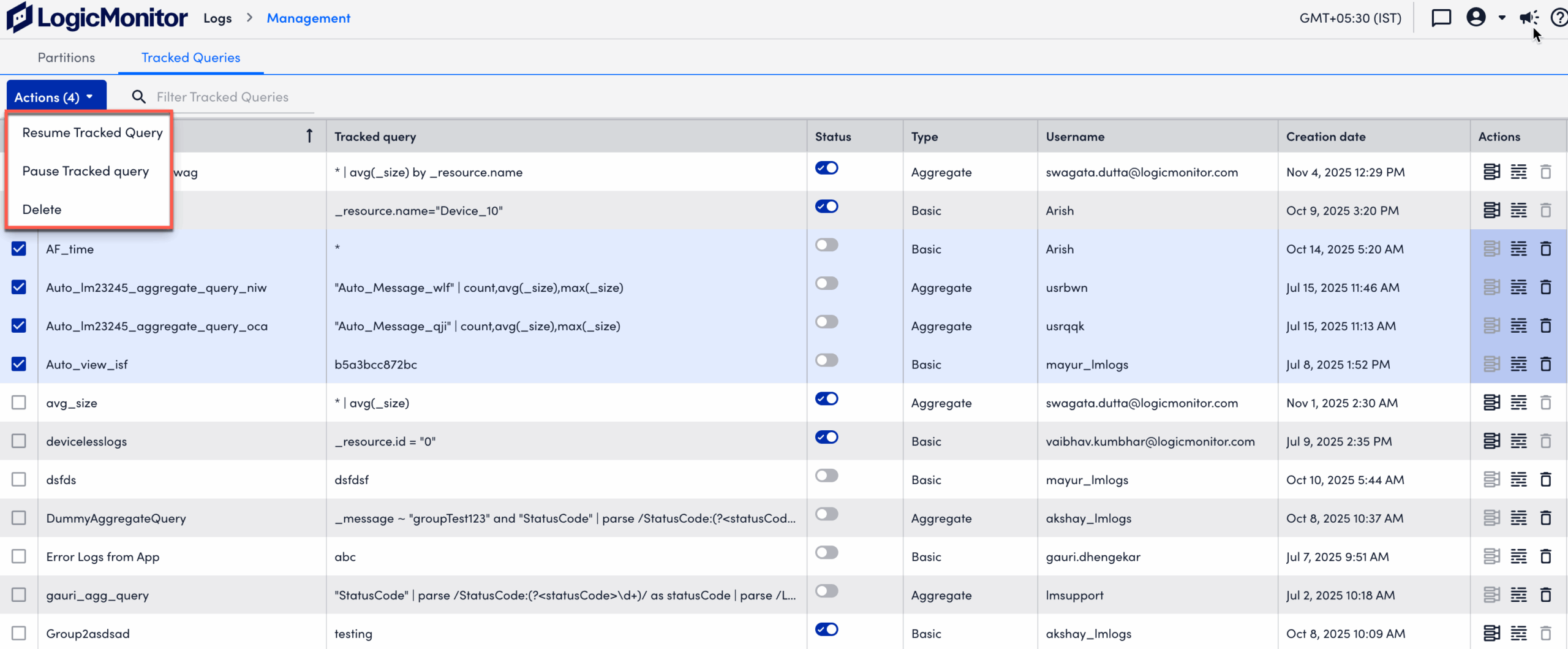 Bulk Actions on Multiple Tracked Queries