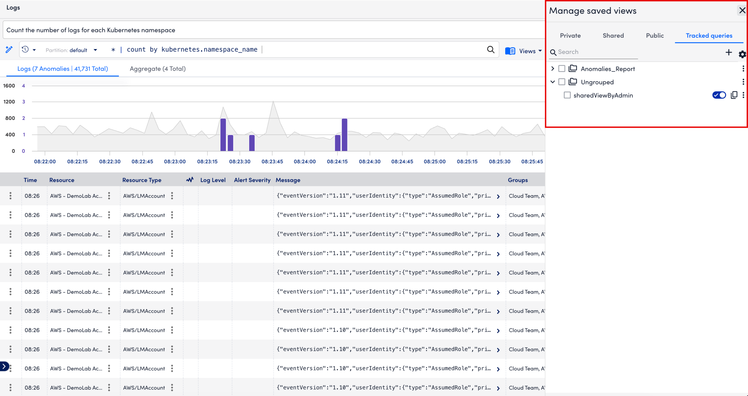 Logs Manage Saved Views 