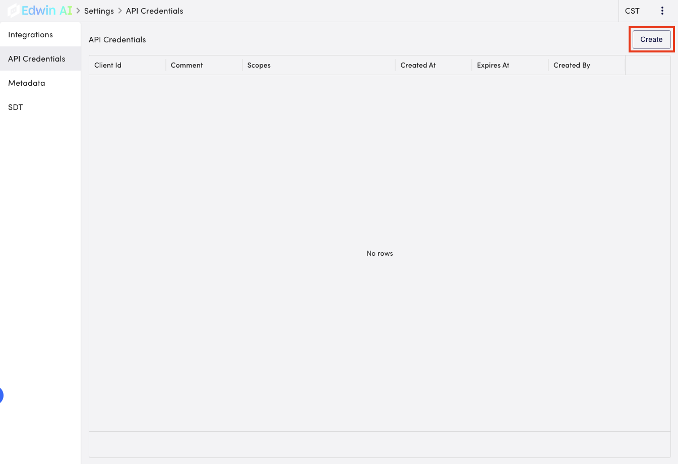 API Credentials Page