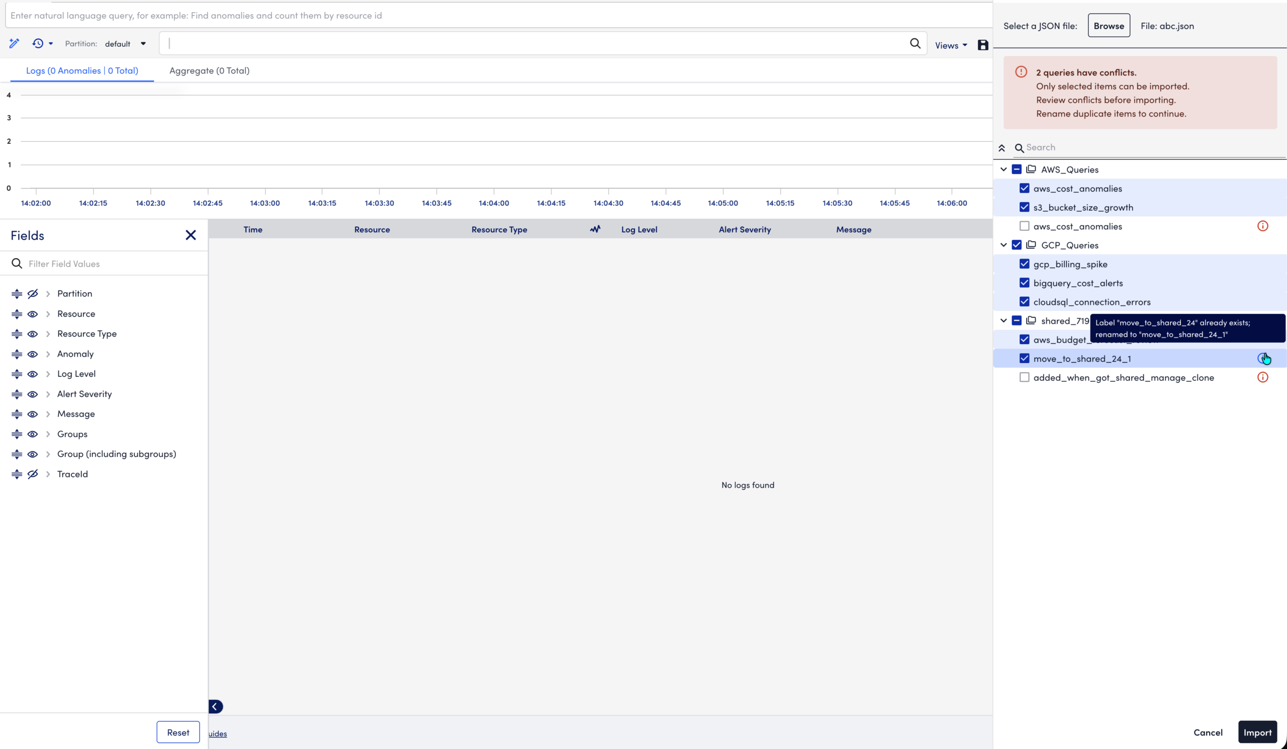 Importing a saved view in Log Query Library
