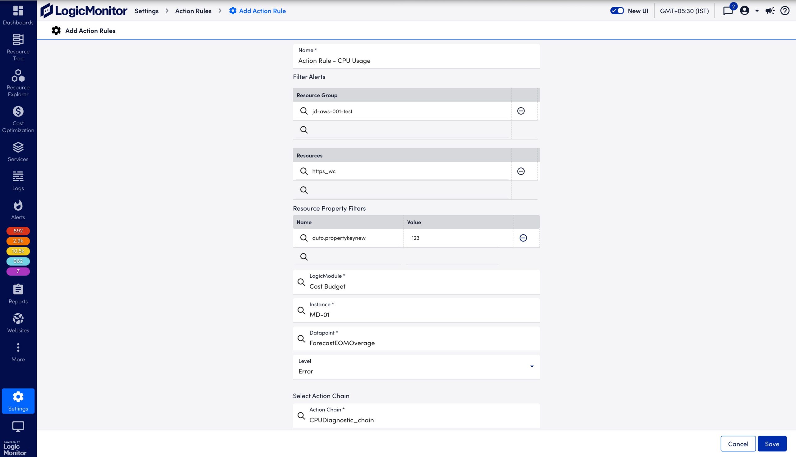 Add Action Rule page