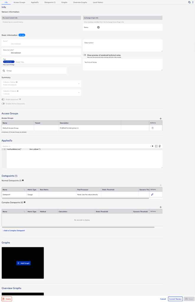 Manage page for Push Metric API datasource