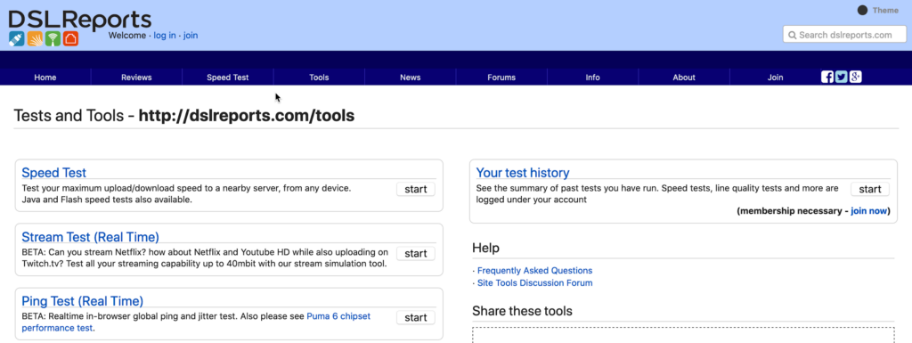 Screenshot of DSL Report&rsquo;s landing page