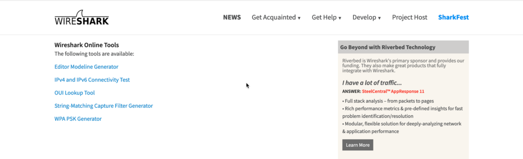 Screenshot of Wireshark&rsquo;s landing page
