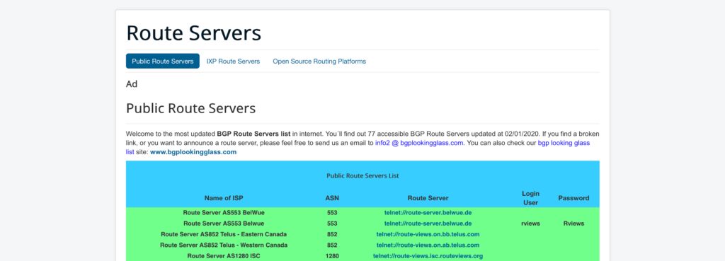 Screenshot of Route Servers&rsquo; landing page