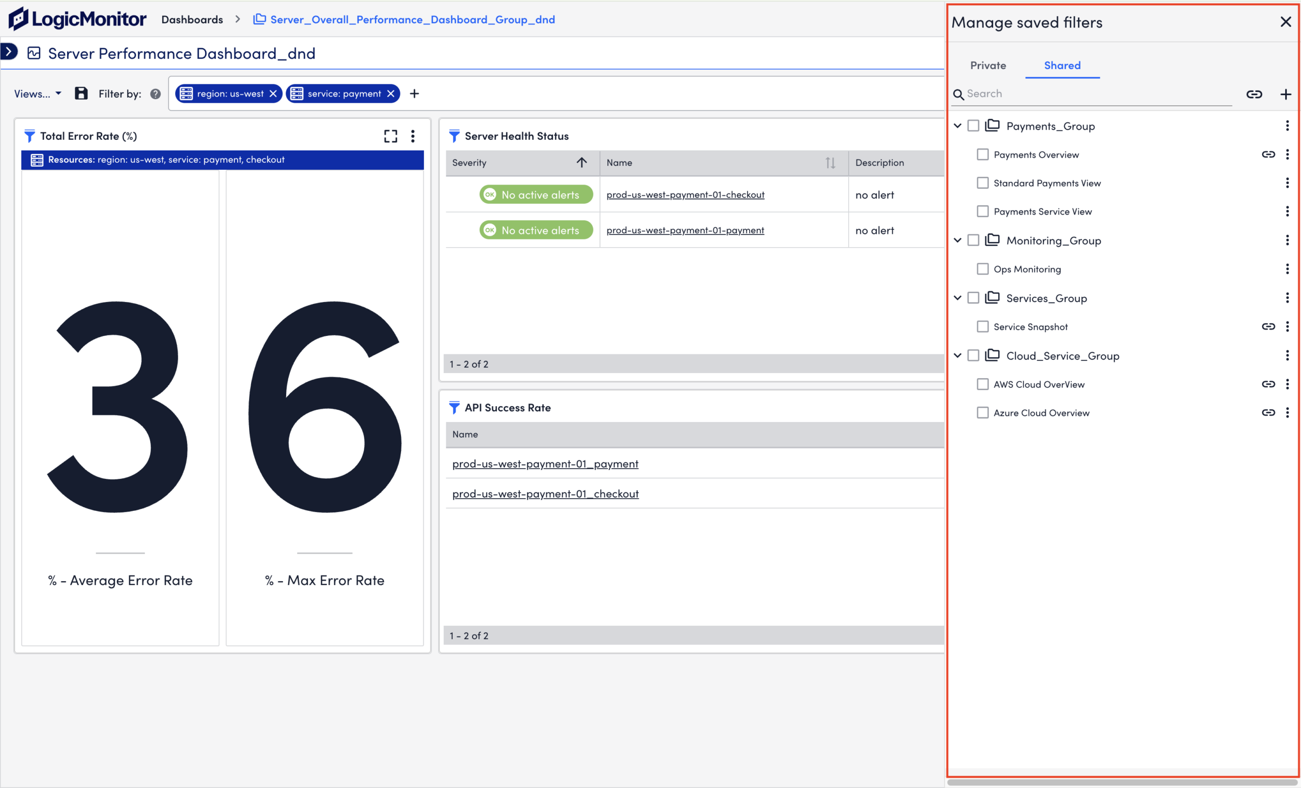 Manage saved filters panel