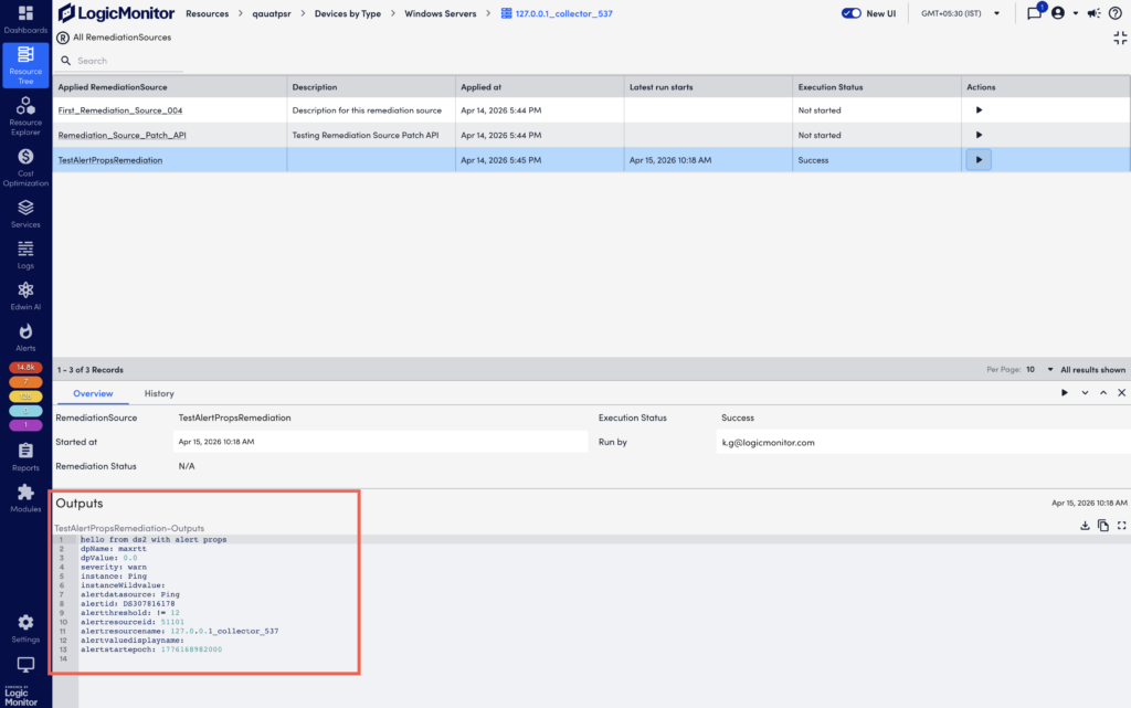 Alert Properties displayed in RemediationSource Output
