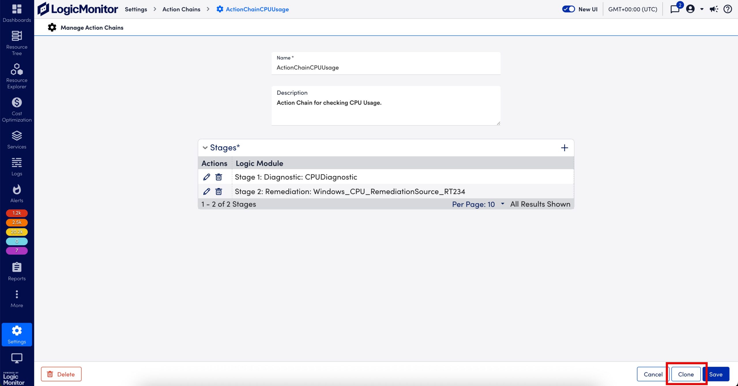 Manage Action Chains page with Clone option