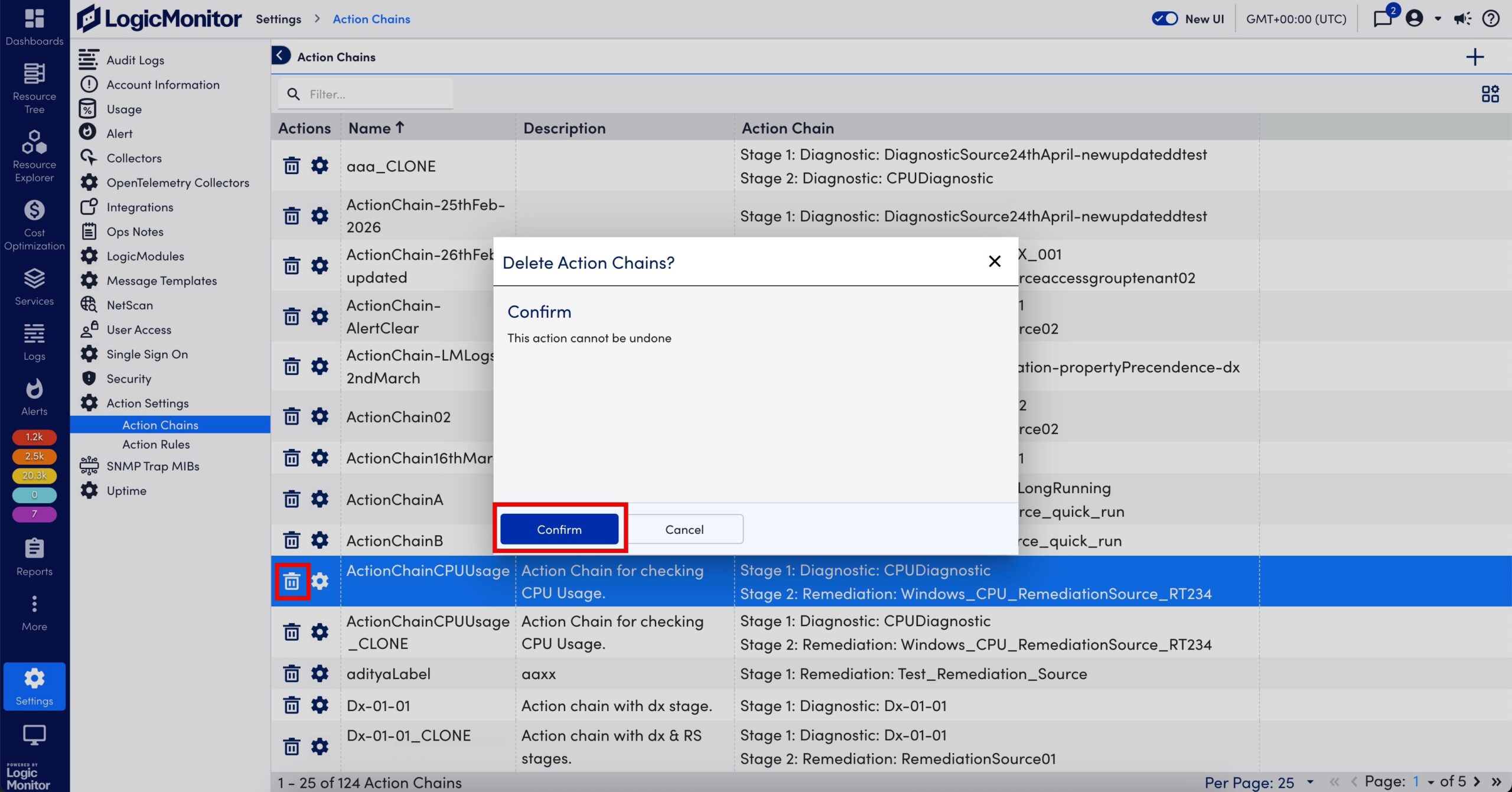 Delete Action Chain Confirmation Dialogbox