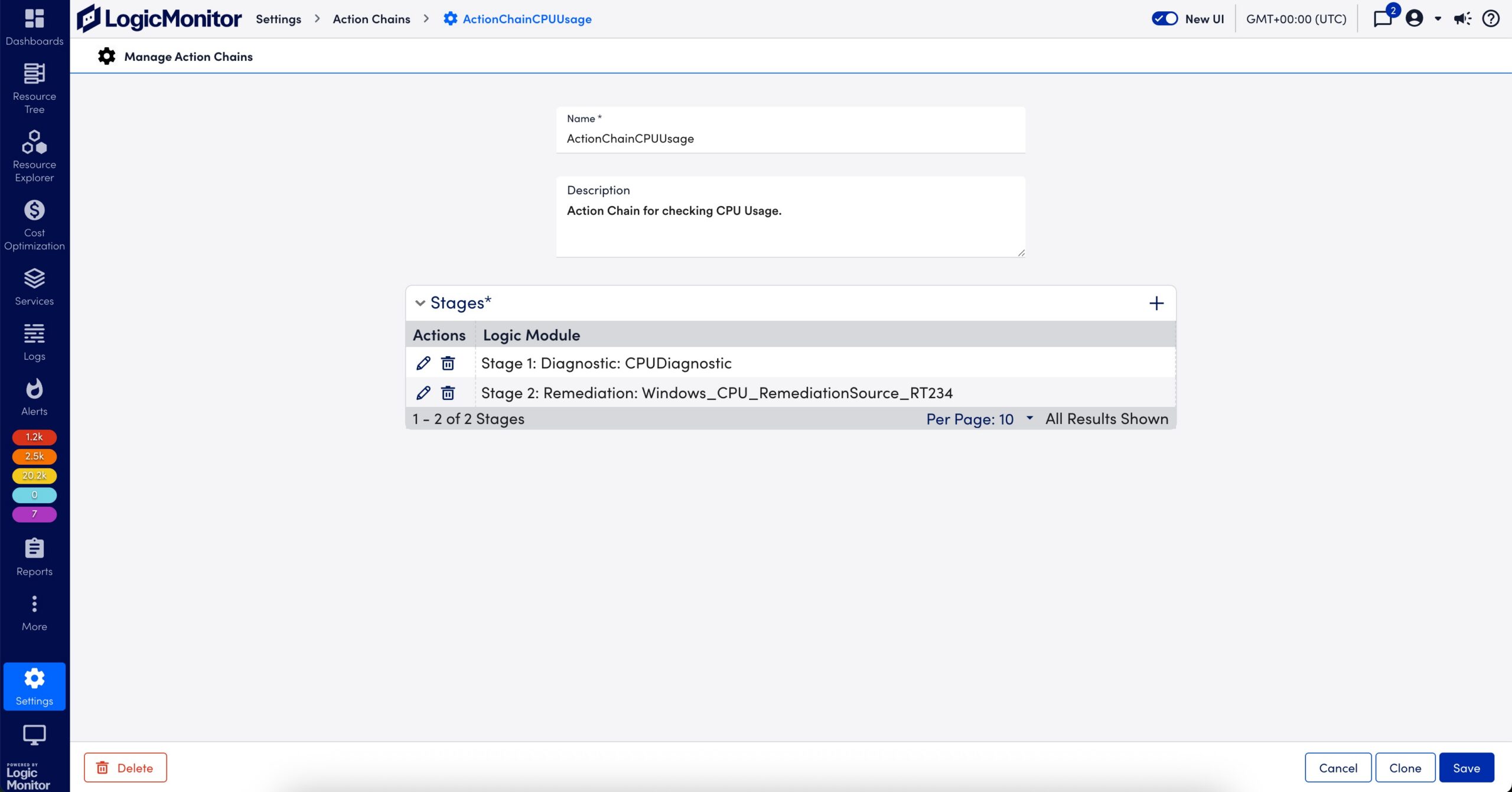 Manage Action Chains page