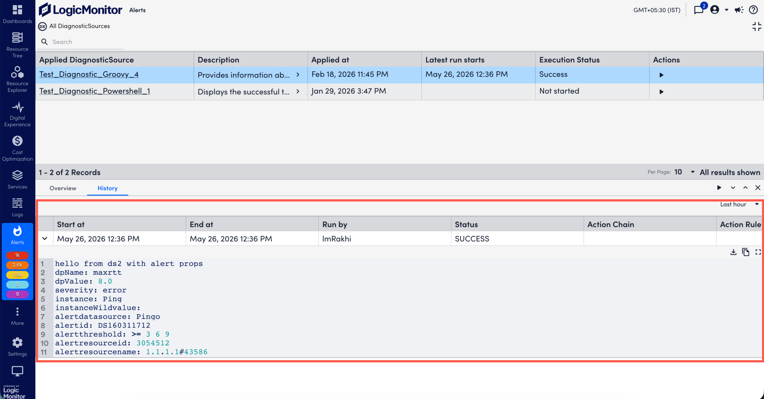 DiagnosticSource run output in History tab