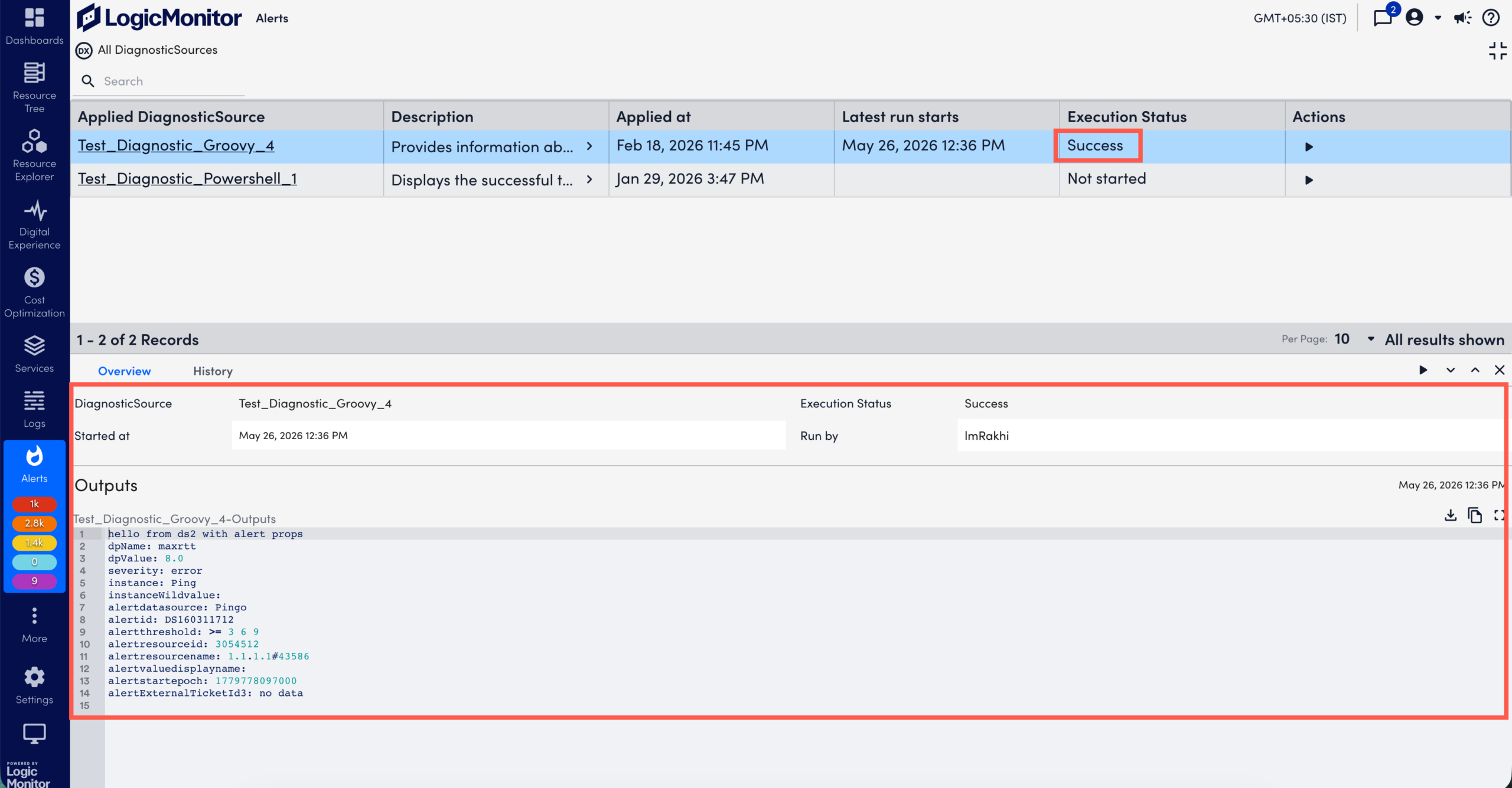 DiagnosticSource run output in Overview tab