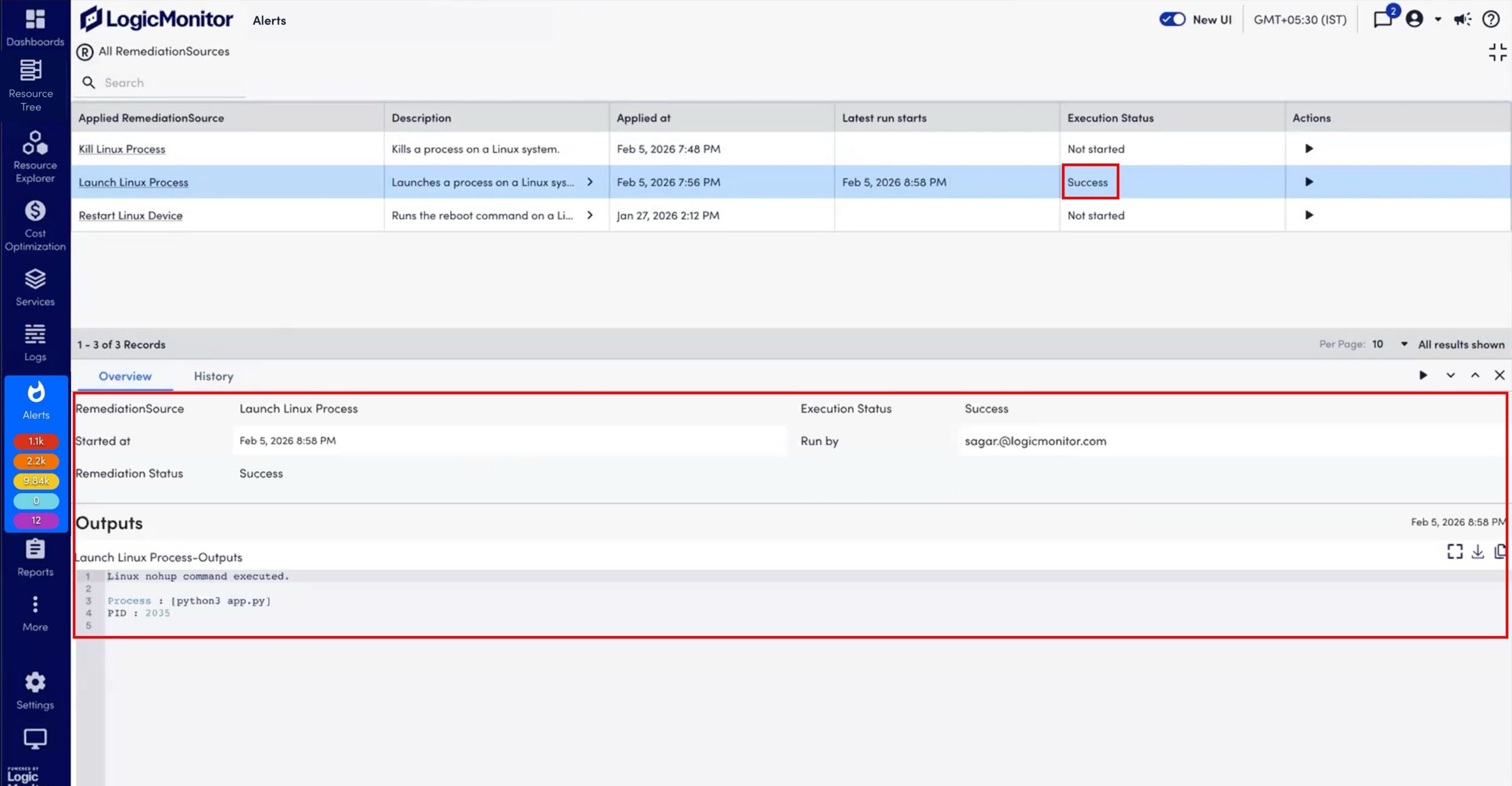 RemediationSource run output in Overview tab