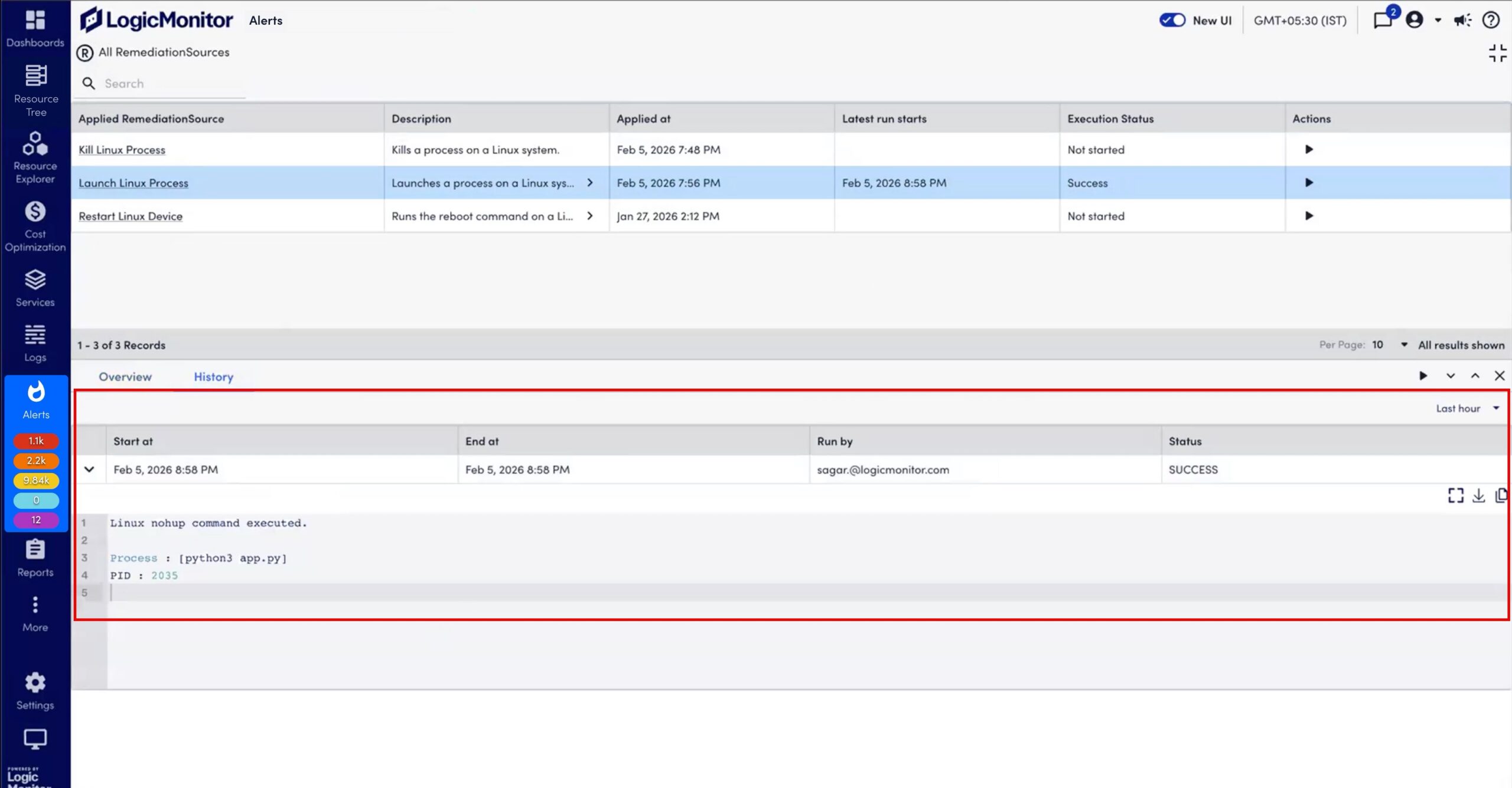 RemediationSource run output in History tab
