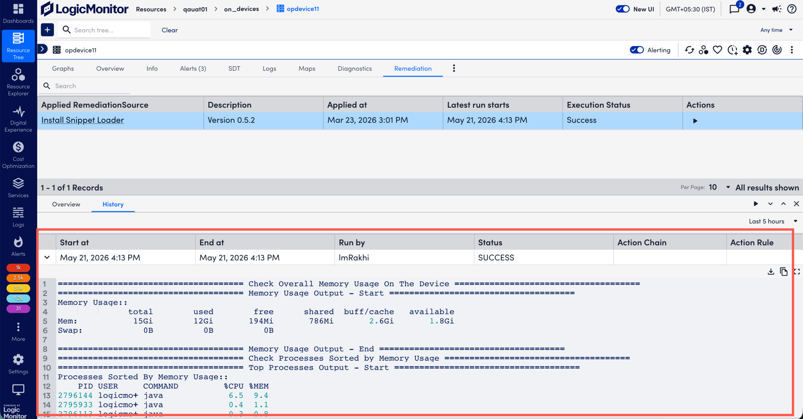 RemediationSource Output Details in History tab