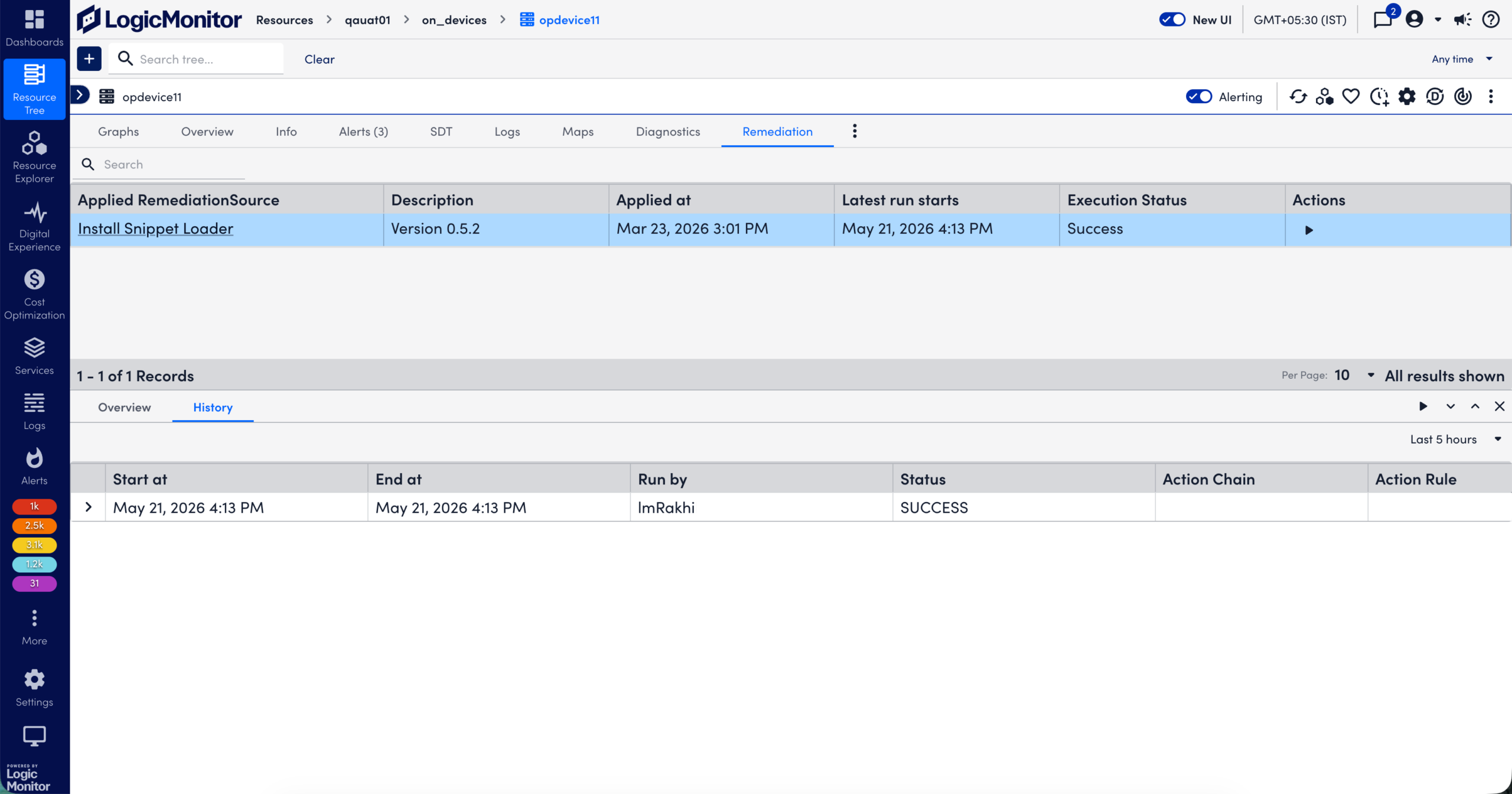 RemediationSource Run History of a Resource
