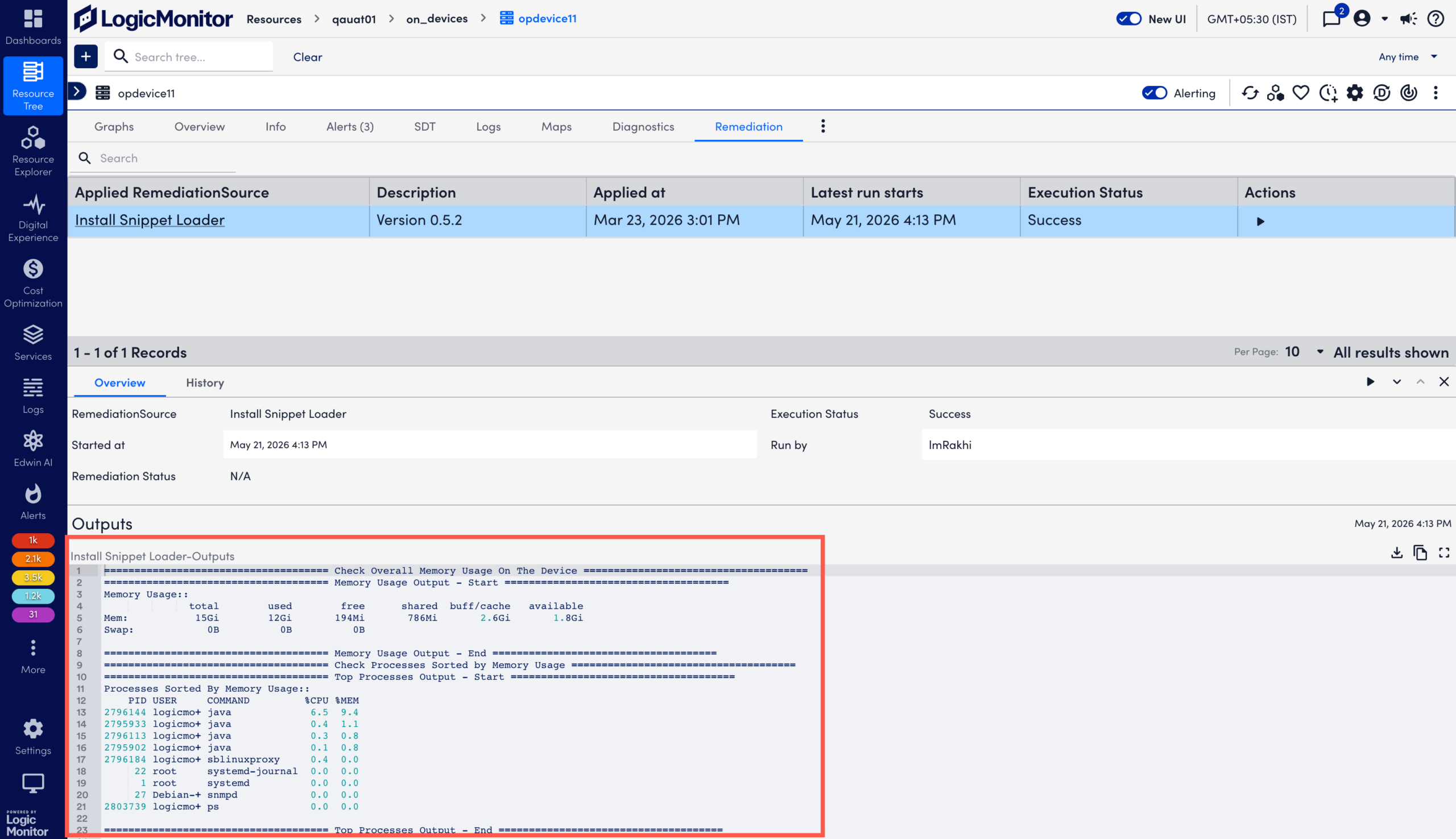 RemediationSource Output in Overview tab