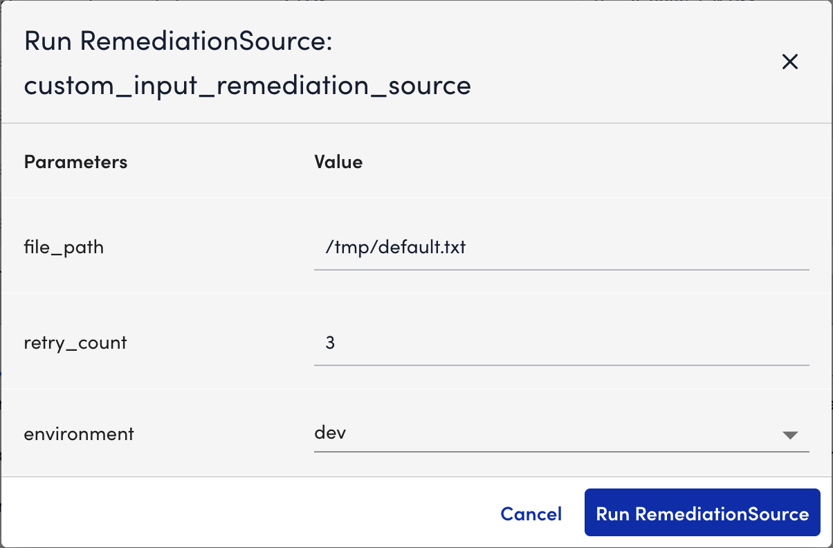 Custom Input RemediationSource dialog box