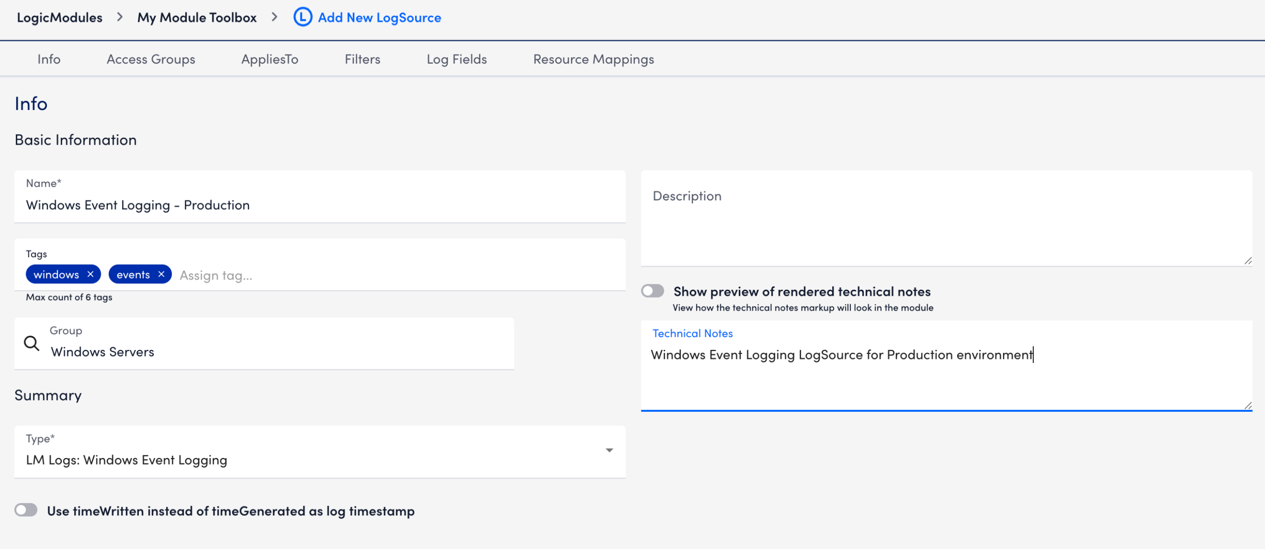 Configuring a Windows Event Logging LogSource