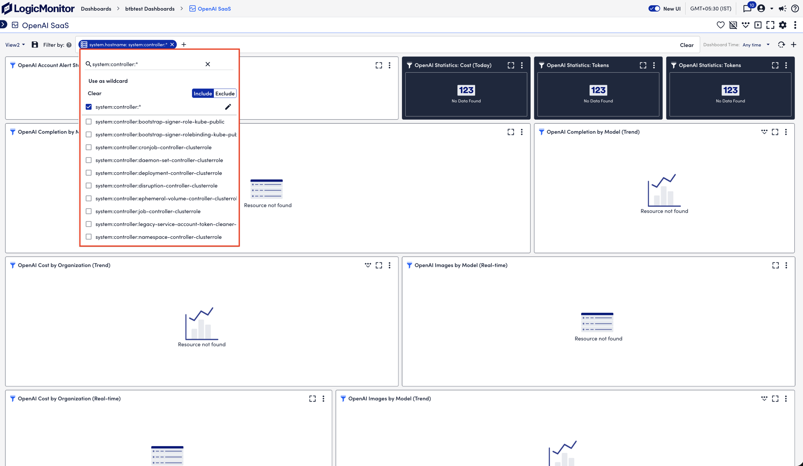 Resource property filter with system:controller:* selected as a wildcard
